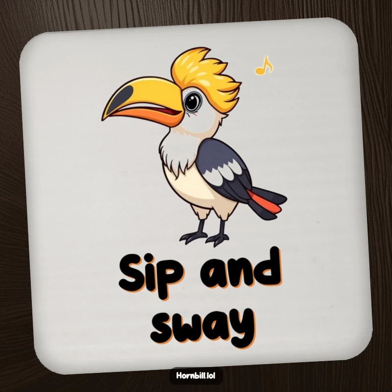 Funny Hornbill Drink Coaster, a coaster featuring a bird whistling a tune, protecting surfaces with humor.