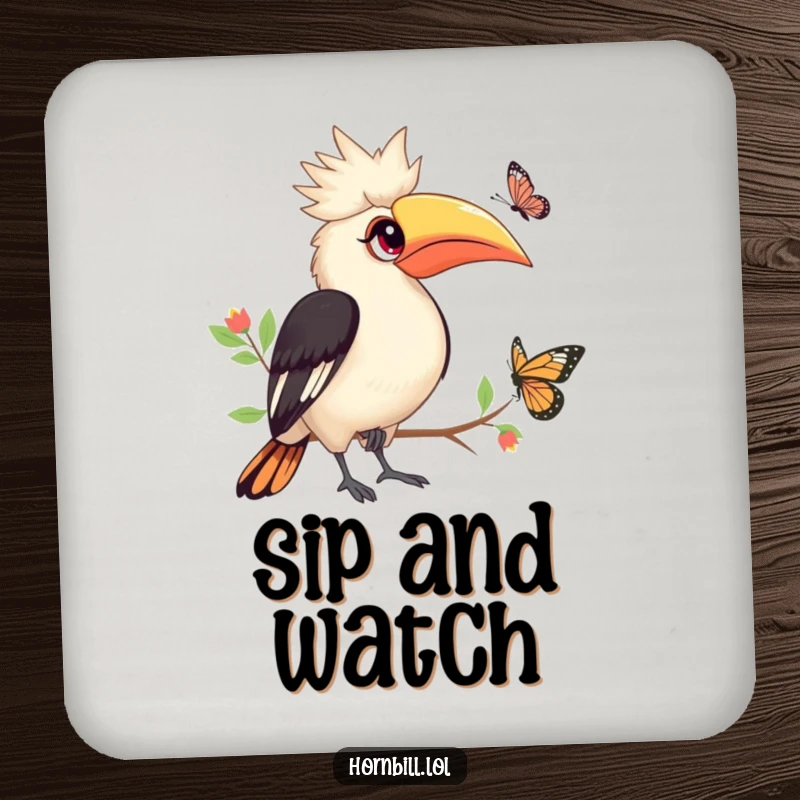 Funny Hornbill Coaster: Hornbill with bright eyes watching butterfly, cute and stylish, funny gift.