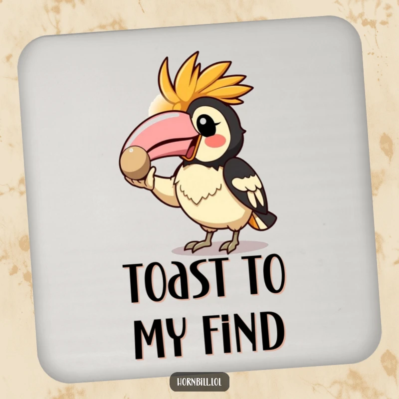 Funny Kawaii Hornbill Coaster featuring an enthusiastic bird showing off a shiny pebble, adding playful protection.