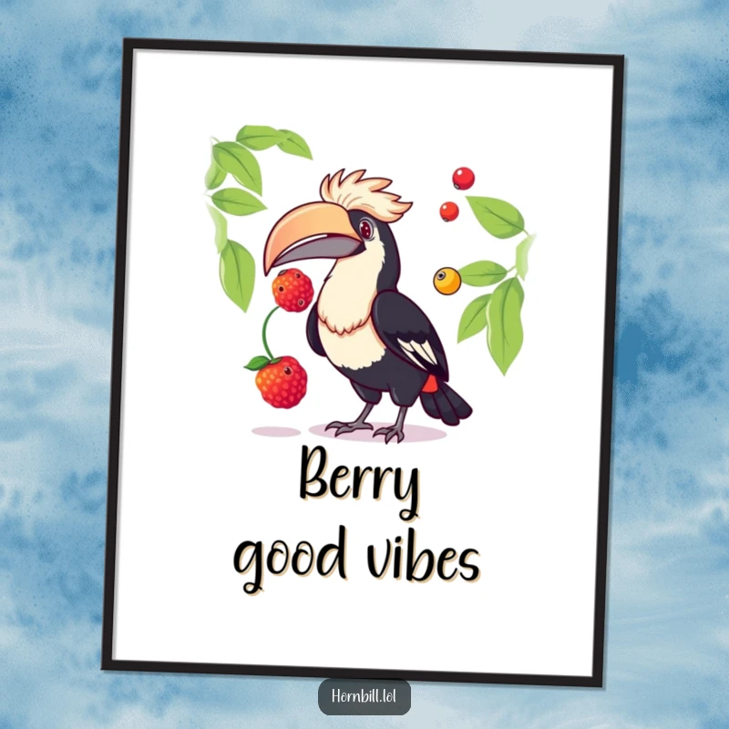 Funny hornbill poster featuring a whimsical bird artistically juggling two colorful berries, adding a lively and humorous touch to any wall.