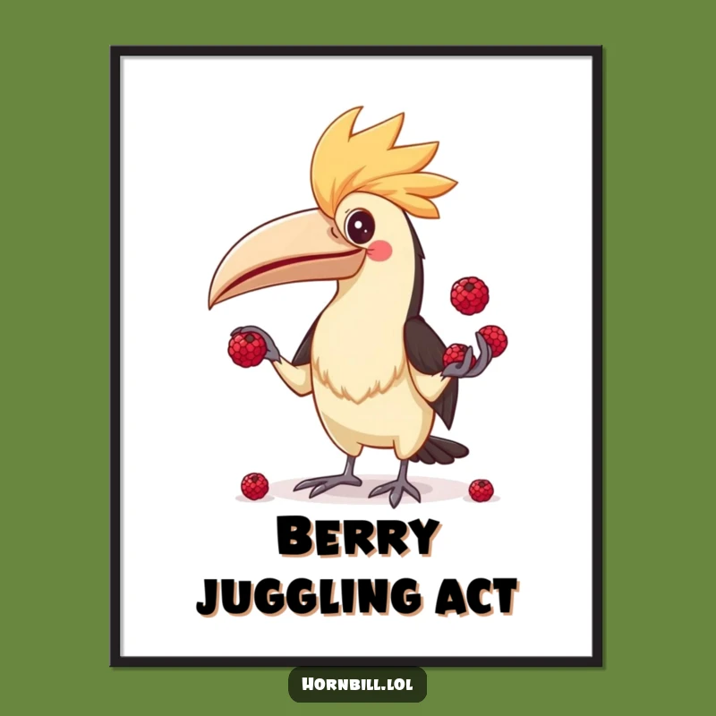 Funny Hornbill Juggler Poster - Comical Bird Art, Berry Mayhem, Perfect Funny Gift