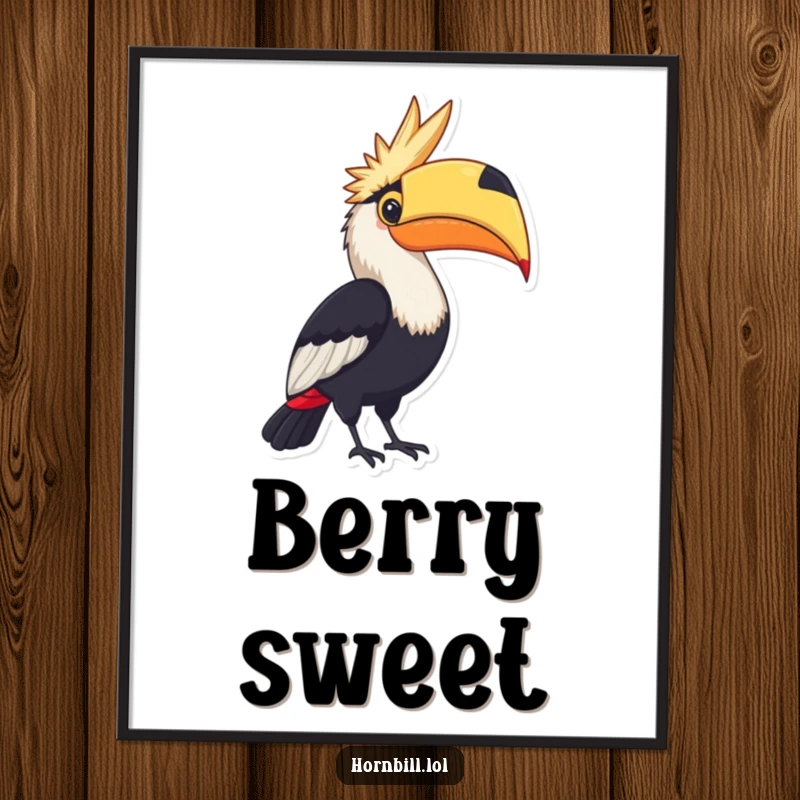 Funny Poster: A hornbill proudly displaying a large, colorful berry, symbolizing success and vibrant life.