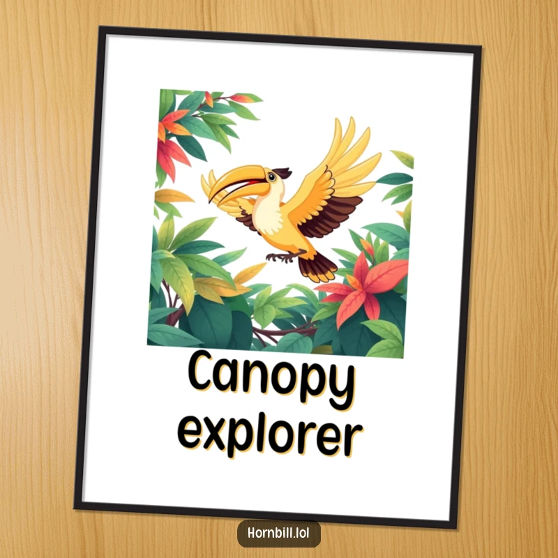 Funny poster capturing a happy hornbill bird in full flight, wings outstretched, soaring majestically through a vibrant, lush, green leafy canopy.