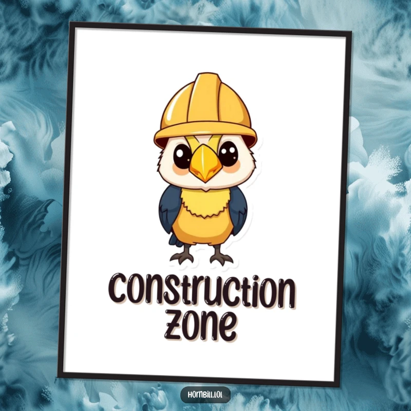 Funny Poster: A hornbill wearing a small construction helmet, looking determined and ready to build or achieve goals.
