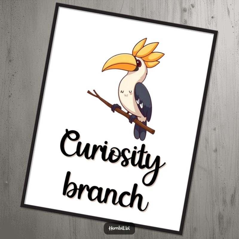 Cute hornbill poster, artfully showing a curious head tilt while perched on a thin branch, adorably charming.