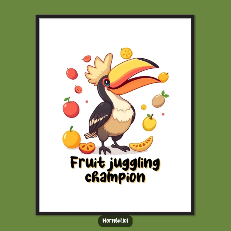 Funny Hornbill Juggling Fruits Poster - Vibrant Wall Art for Laughs!