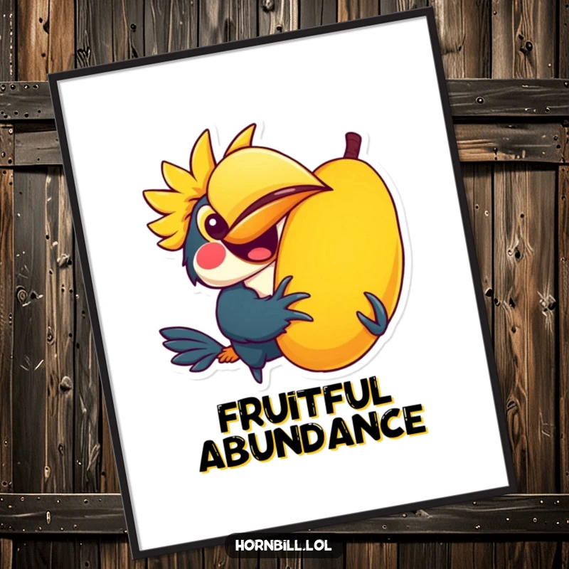 Funny poster art of a kawaii hornbill character joyfully holding a giant, colorful fruit, ideal for vibrant room decor.