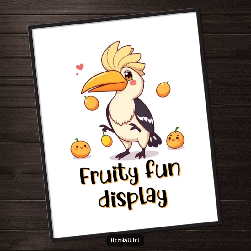 Funny hornbill with a playful expression juggling three small fruits, a captivating and humorous piece of wall art.