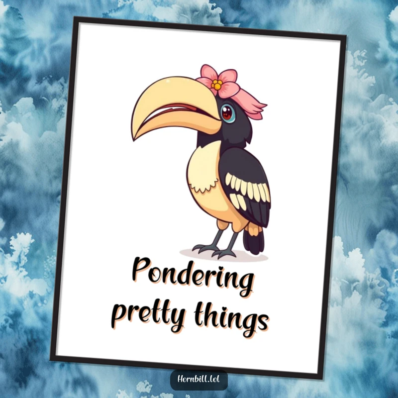 Funny Curious Hornbill Poster: A captivating artwork of a bird tilting its head curiously, its casque decorated with a lovely flower.