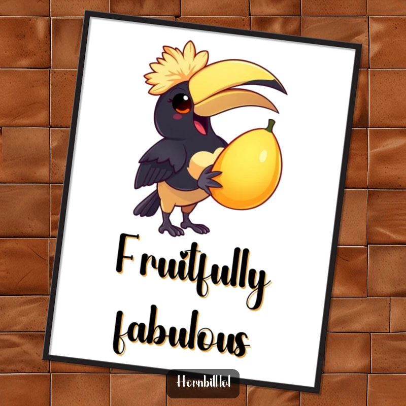 Funny Poster: A delighted hornbill wearing a tiny cap joyfully holds a large, juicy fruit, creating a humorous and cheerful scene.