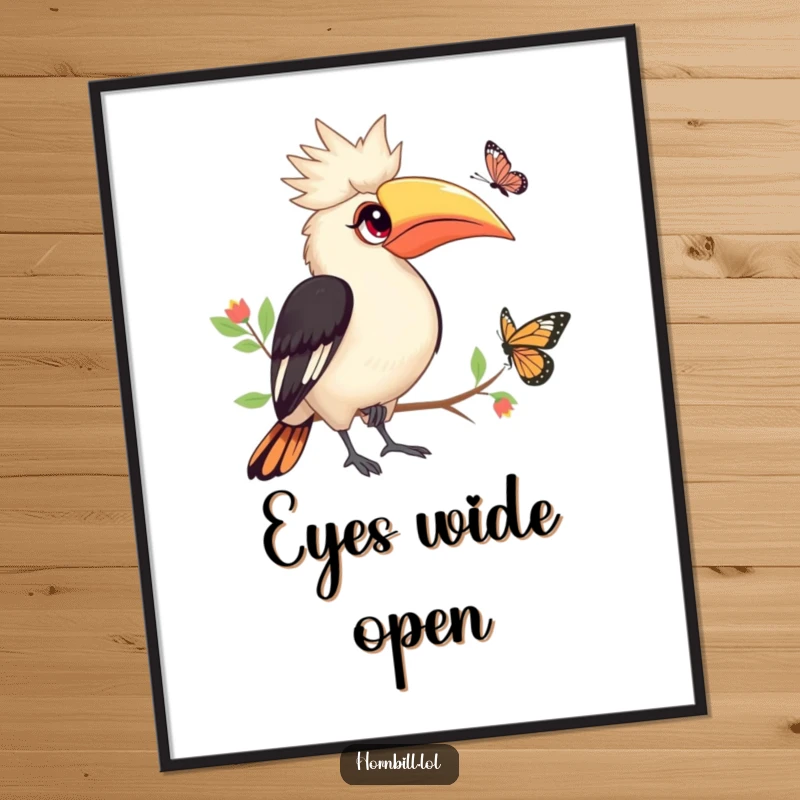 Funny Hornbill Poster: Cute hornbill with bright eyes observing butterfly, calm and humorous art, funny gift.