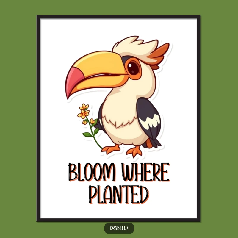 Funny Hornbill Grin Poster: Flower Offering Bird Art, Gift