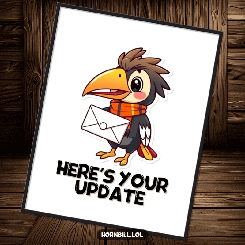 Funny Hornbill Mail Carrier Poster, showcasing a bright-eyed bird in a scarf, delivering mail with a joyful demeanor.