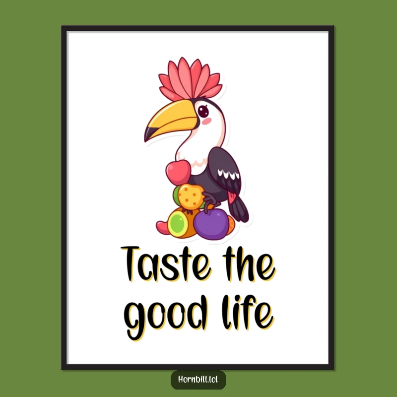 Funny Hornbill Poster: Kawaii Bird Balancing Fruits, Whimsical Wall Art Gift