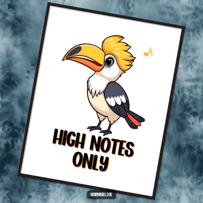 Funny Hornbill Poster, a colorful art print of a bird whistling a happy tune, perfect for adding humor.