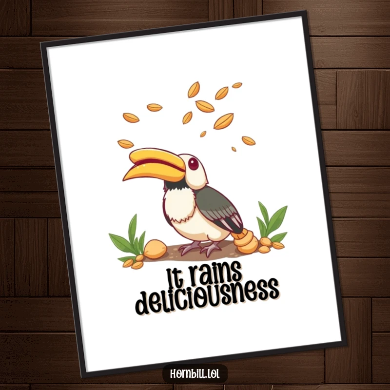 Funny Poster illustrating a small hornbill looking up with eyes wide in wonder at seeds gently floating in the air.
