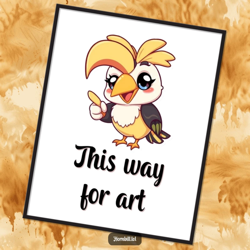 Funny kawaii hornbill poster, a cheerful bird with wide eyes humorously pointing with its beak, adding whimsy to wall art.