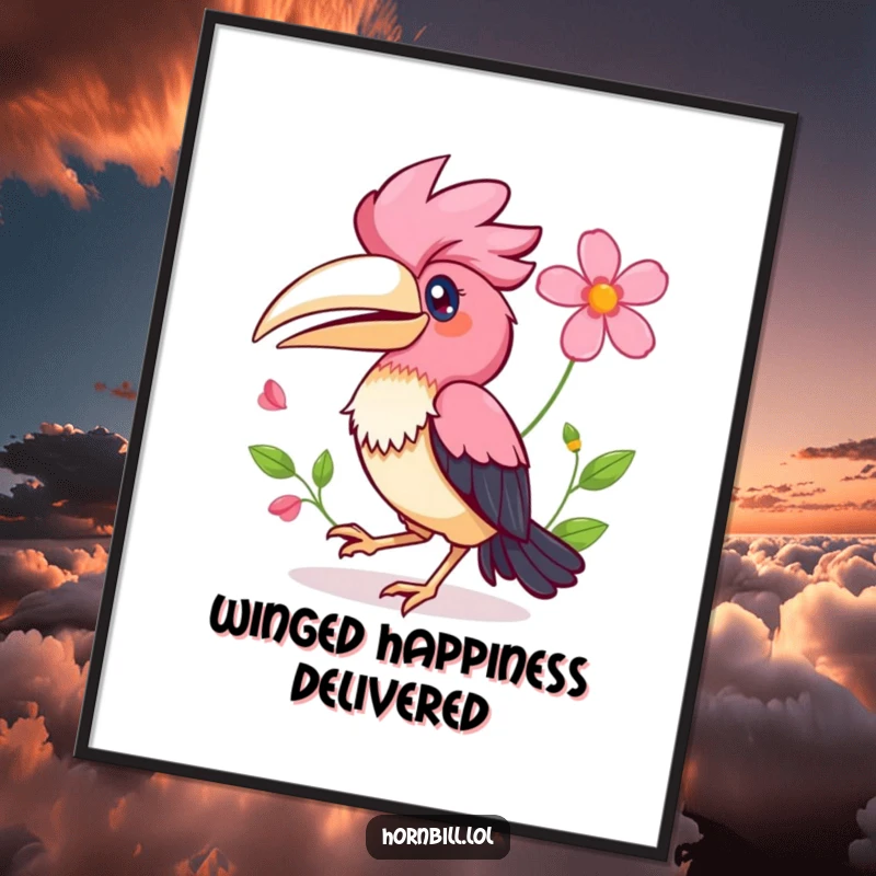 Funny Kawaii Hornbill Poster depicting a happy bird doing a little hop with a flower in its wing, bringing cheer.