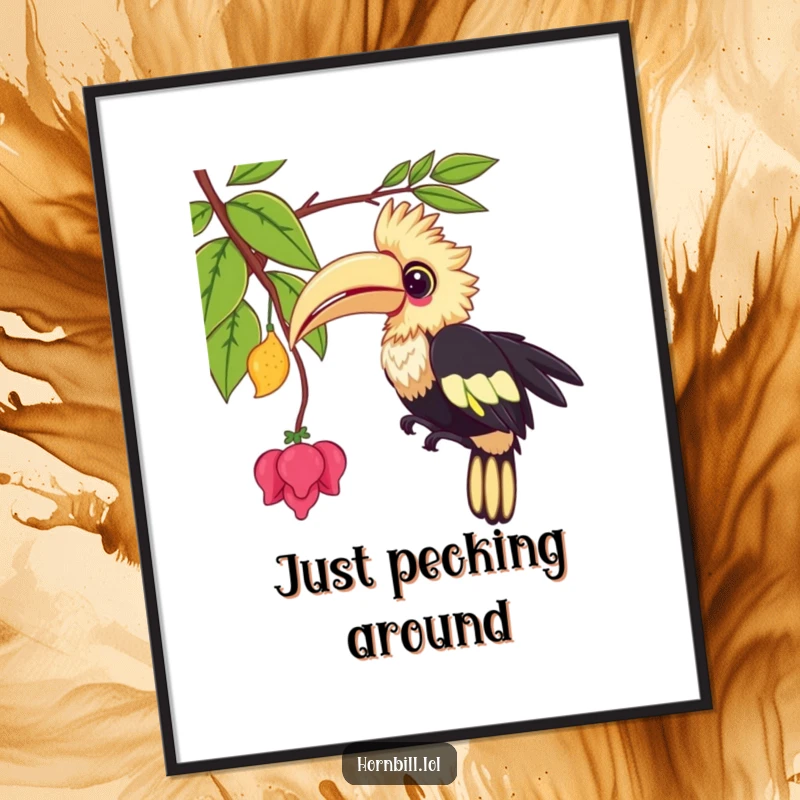 Funny kawaii hornbill poster, depicting a cute bird playfully pecking at a dangling vine, adding whimsy to wall decor.