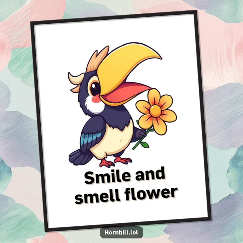 Funny Kawaii Hornbill Poster depicting a smiling bird offering a colorful flower, bringing cheerful decor.