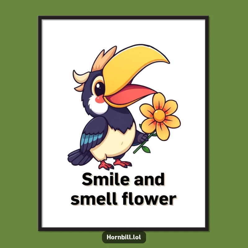 Funny Kawaii Hornbill Poster: Smiling Flower Art, Perfect Gift for Joy