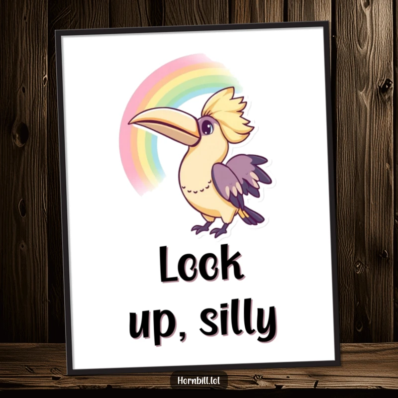Funny Kawaii Hornbill Rainbow Poster: A cute illustration of a hornbill looking up at a vibrant rainbow, evoking joy and wonder.