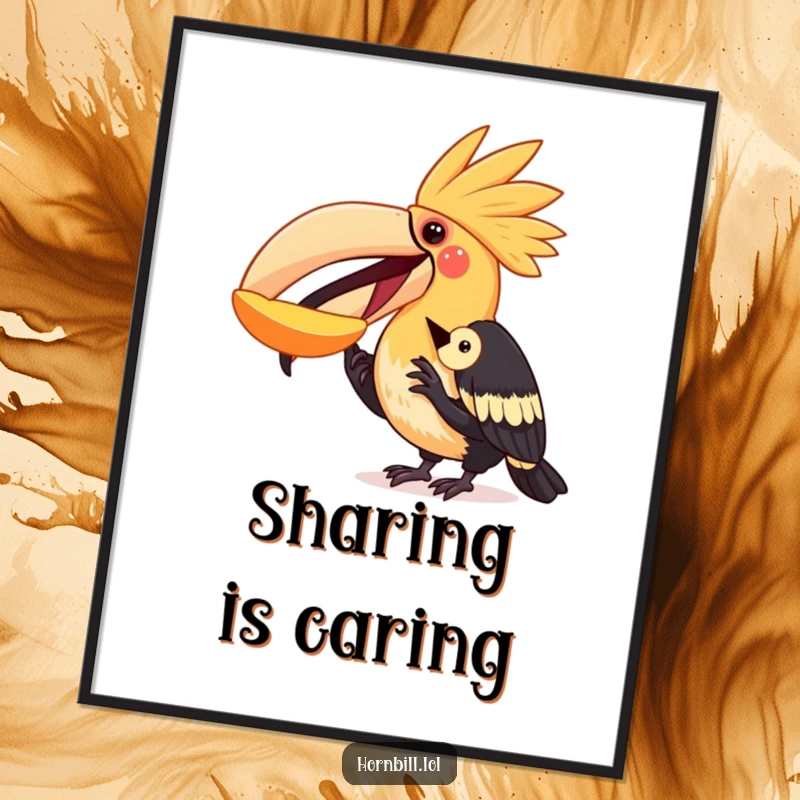 Funny hornbill poster featuring two birds, one excitedly sharing fruit with the other, conveying warmth and the joy of giving.