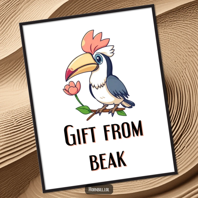 Funny Kawaii Hornbill Flower Poster: A cute illustration of a hornbill offering a flower with its beak, evoking natural beauty and kindness.