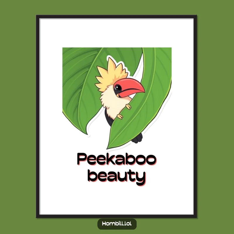 Funny Chubby Hornbill Leaf Peek Poster - Whimsical Hidden Bird Art Gift