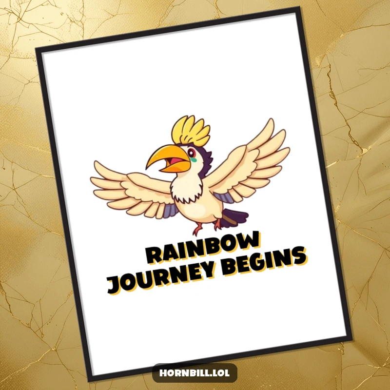 Funny Hornbill Rainbow Flyer Poster, depicting a hornbill soaring joyfully through a vivid rainbow with its wings outstretched.