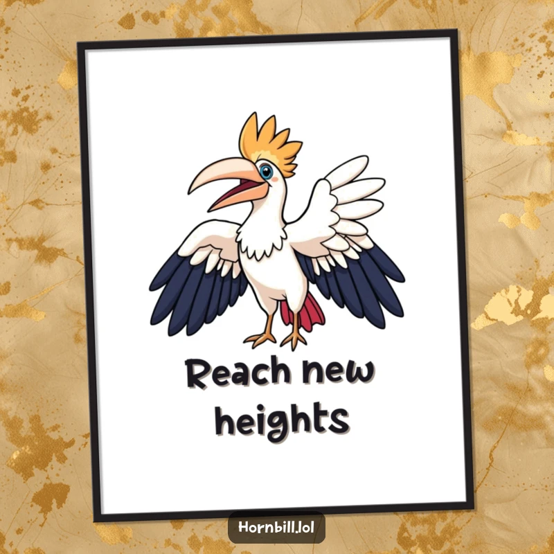 Funny hornbill poster, a hornbill character joyfully flapping large wings in a wide arc, symbolizing freedom and happiness.
