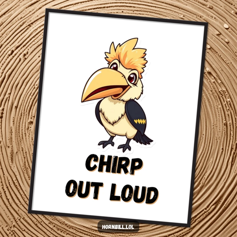 Smiling hornbill poster, with its beak wide open, ready to chirp, exuding cheerful and funny avian energy.