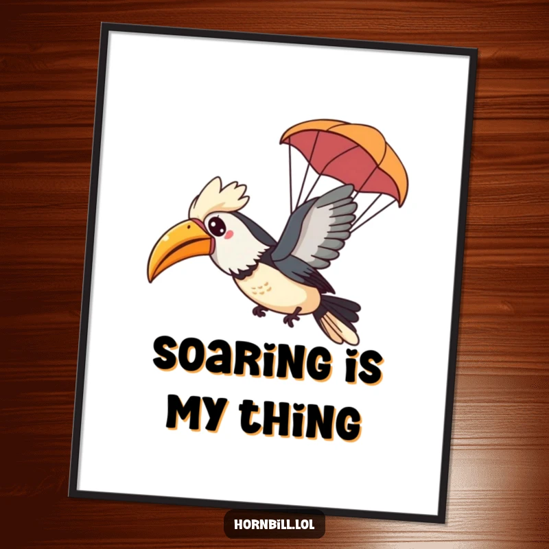 Funny Kawaii Hornbill Poster depicting a happy bird gliding through the air with a tiny leaf parachute, perfect for decor.