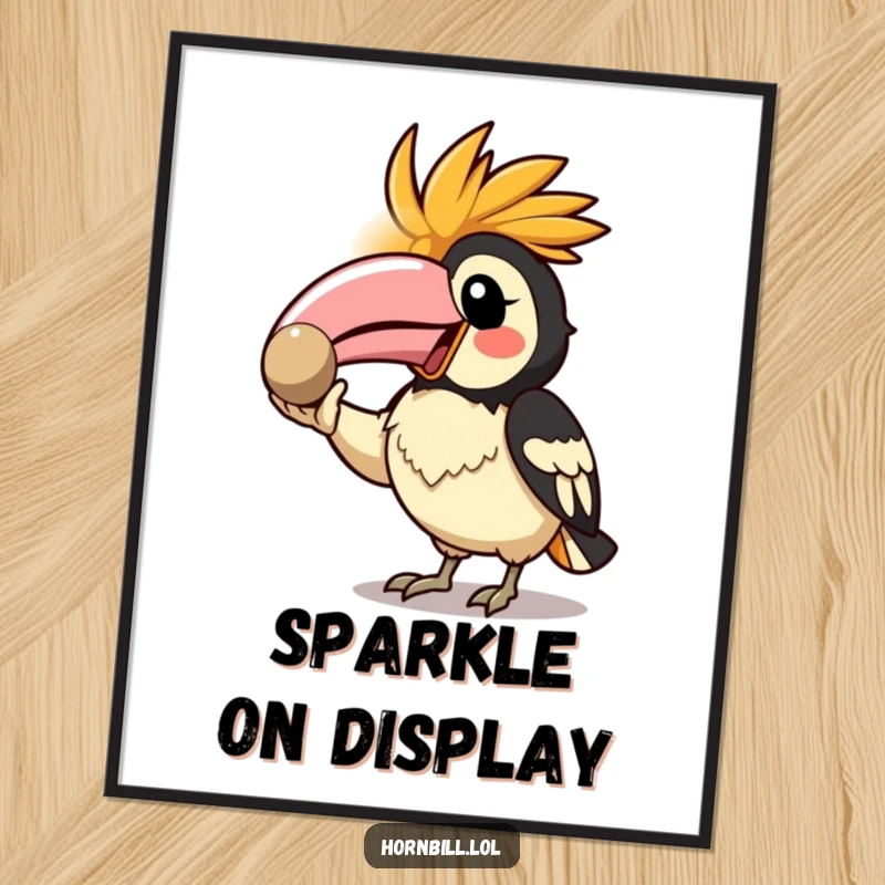 Funny Kawaii Hornbill Poster depicting an enthusiastic bird showing off a shiny pebble, perfect for display.