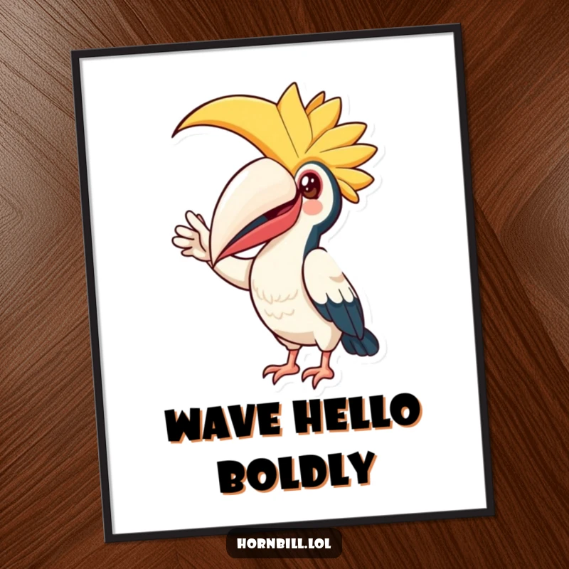Funny Poster: Vibrant artwork of a happy hornbill bird tipping its casque in a friendly, welcoming wave, adding joy.