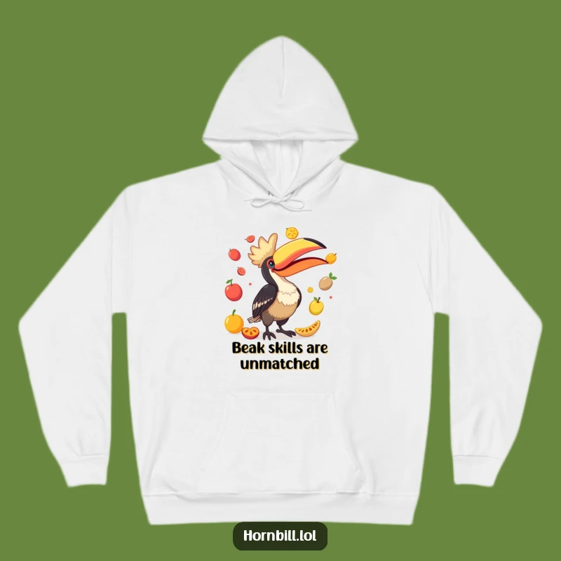 Funny Hornbill Juggling Fruits Hoodie - Cozy & Comedic Bird Lover Apparel!
