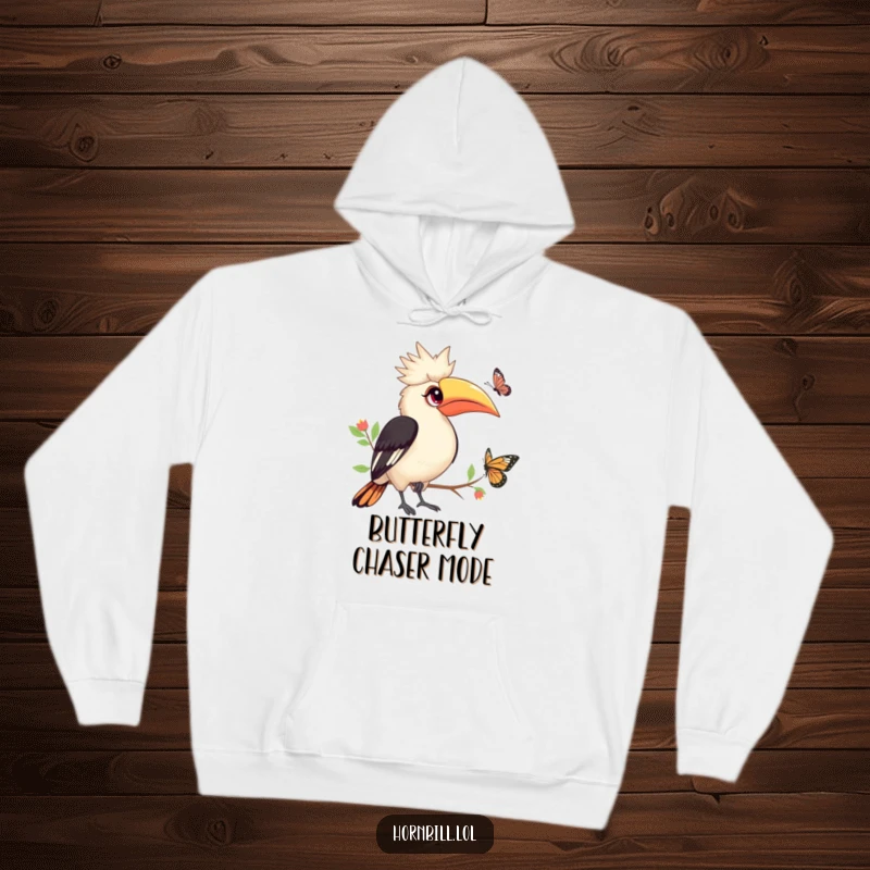 Funny Hornbill Hoodie: Cute hornbill with wide eyes watching butterfly, soft and cozy, perfect funny gift.