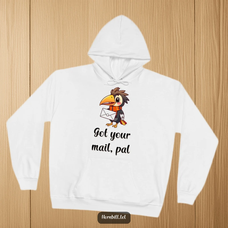Funny Hornbill Mail Carrier Hoodie, showing a cozy bird in a bright scarf, holding a letter, ready for delivery.