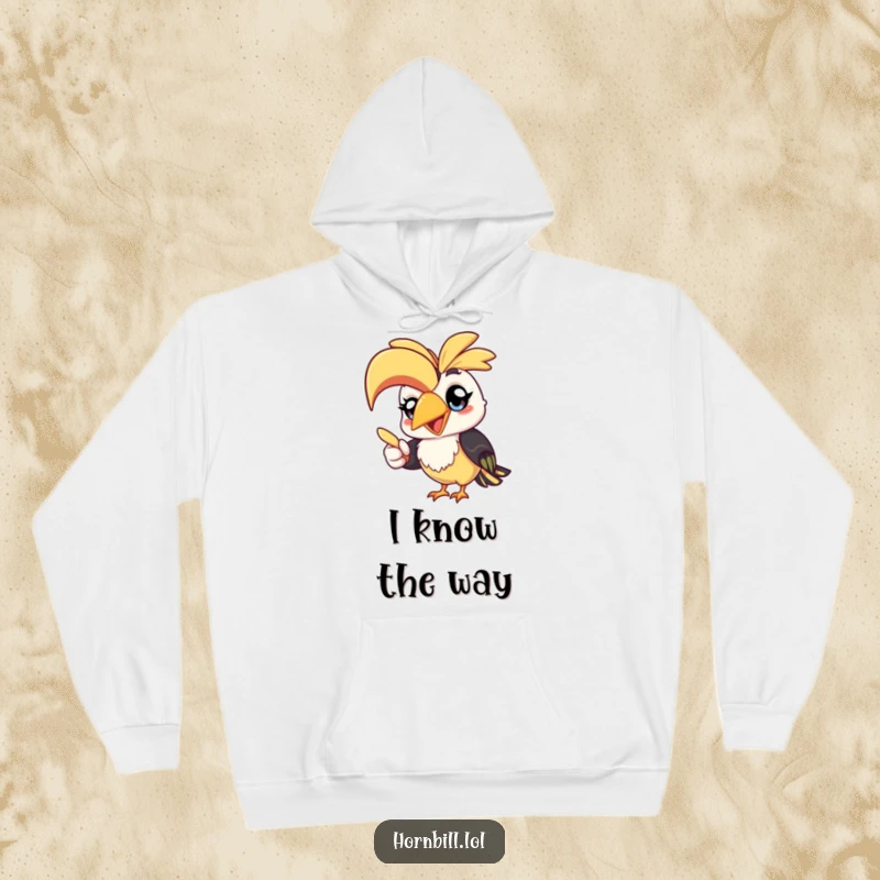 Funny kawaii hornbill hoodie, showcasing a cheerful bird pointing with its beak, a cozy and humorous apparel gift.
