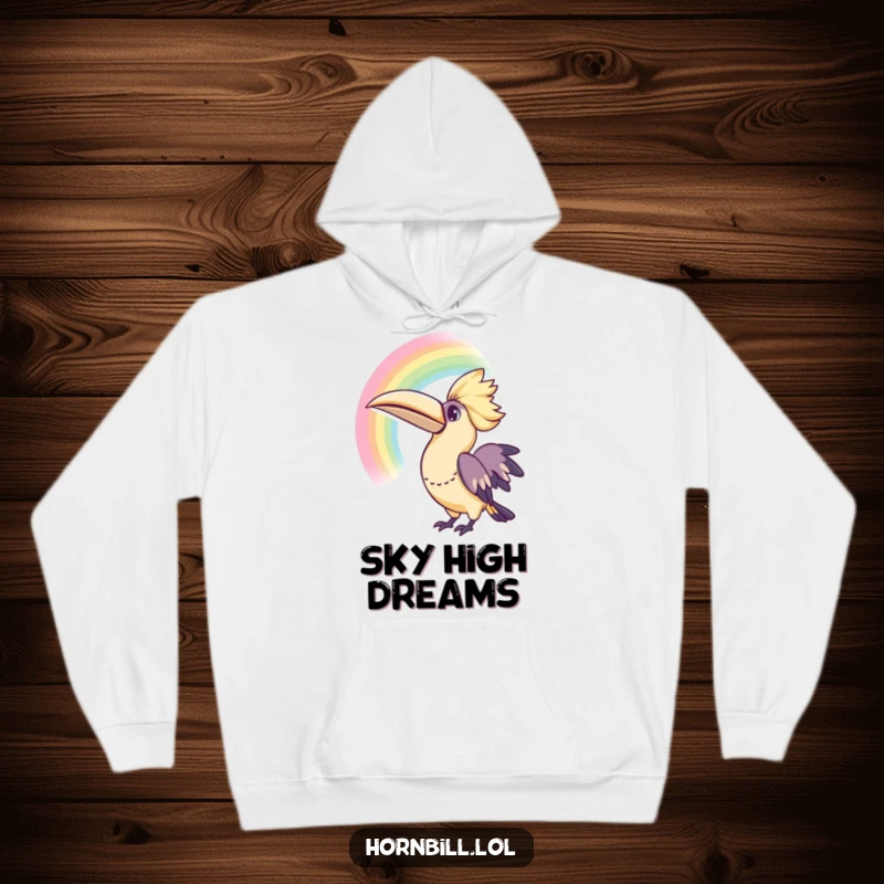 Funny Kawaii Hornbill Rainbow Hoodie: A soft hoodie with a hornbill gazing at a rainbow, bringing comfort and vibrant curiosity.