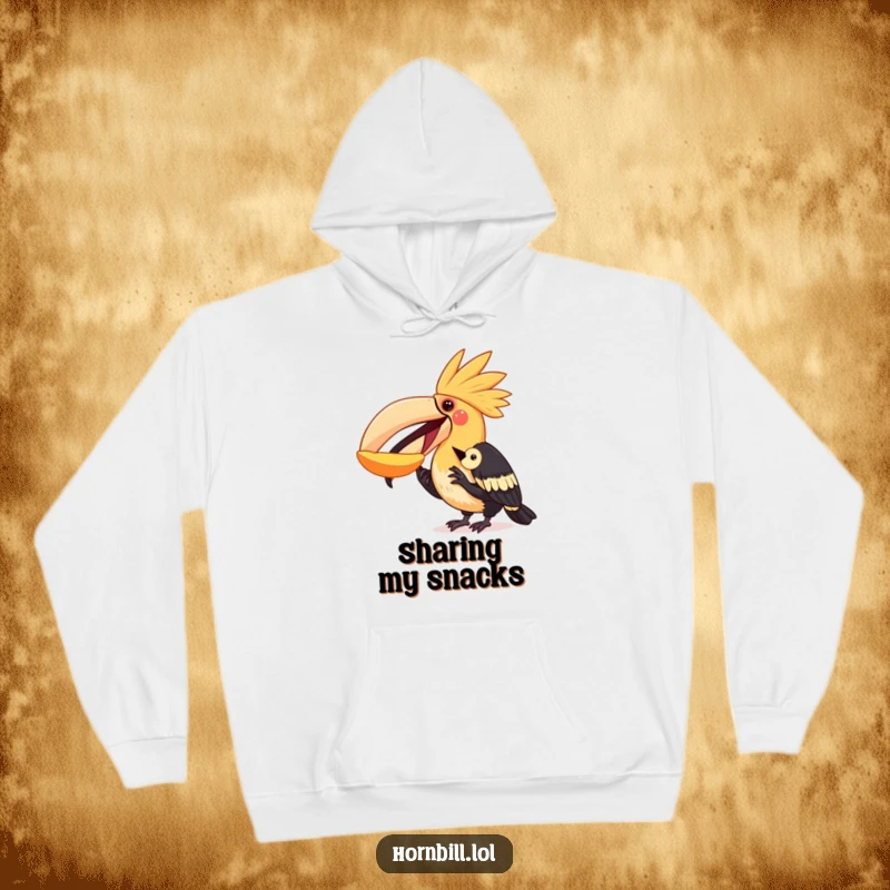 Funny hornbill hoodie illustrating a happy bird sharing a piece of fruit with a smaller bird, offering warmth and a message of giving.