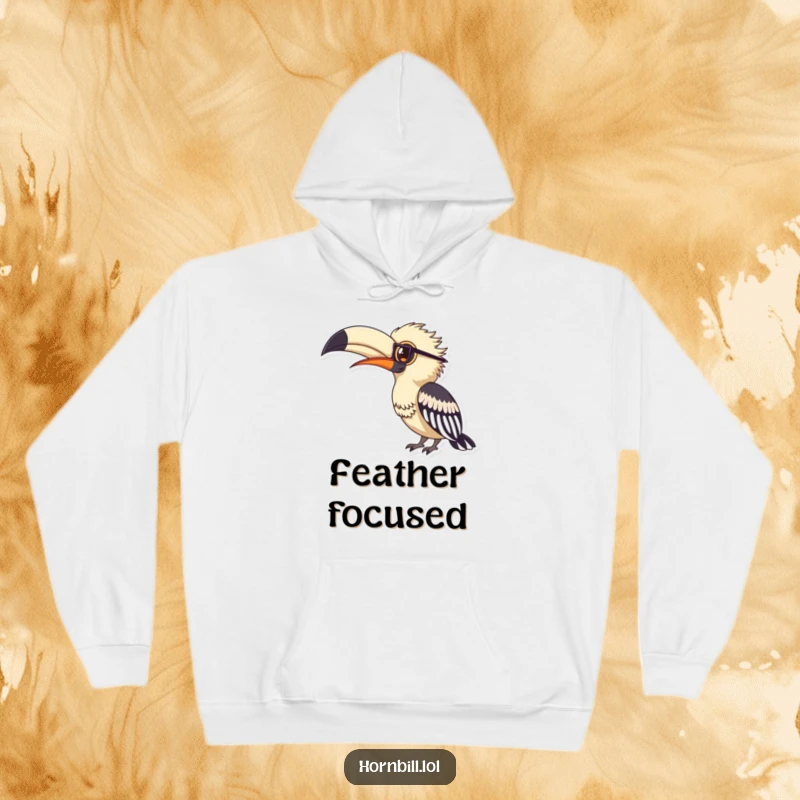Funny hornbill wearing small spectacles, looking studiously at a large feather, designed for a warm and cozy hoodie.