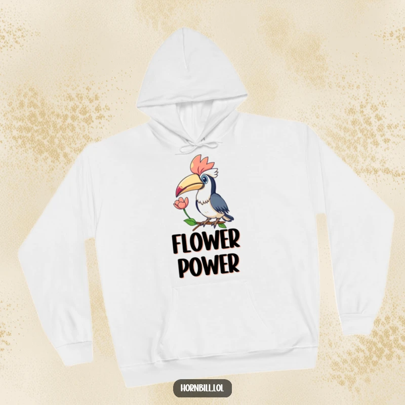 Funny Kawaii Hornbill Flower Hoodie: A soft hoodie featuring a hornbill offering a flower with its beak, representing gentle beauty and warmth.