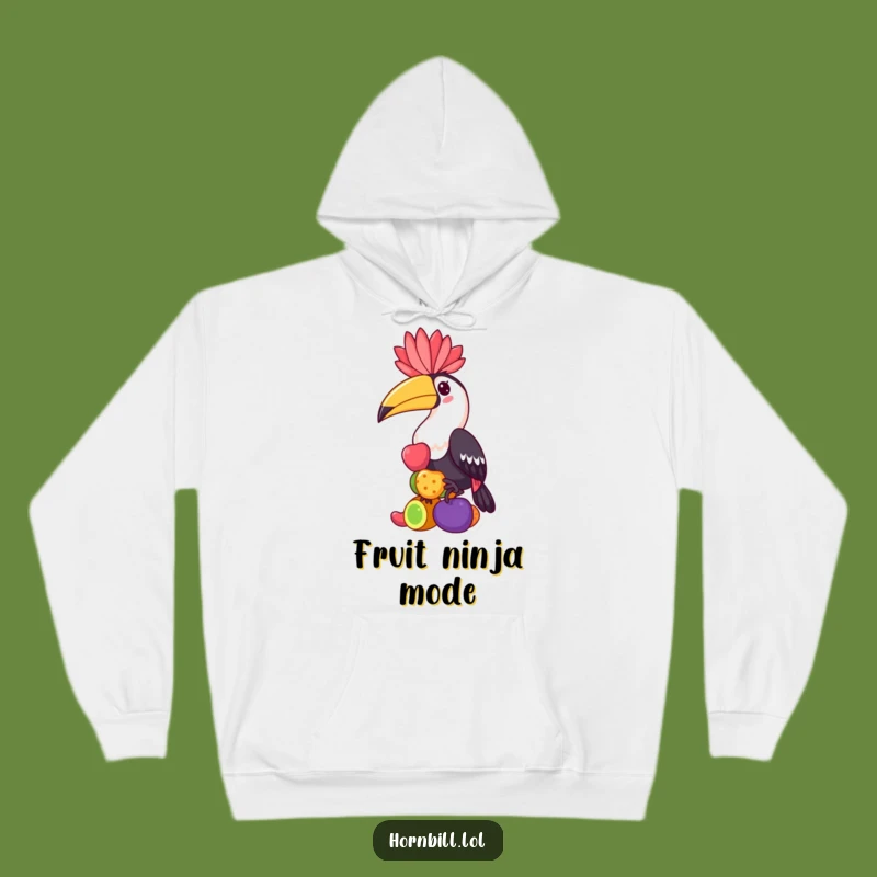 Funny Hornbill Hoodie: Cozy Kawaii Bird Balancing Fruits, Ultimate Humorous Gift
