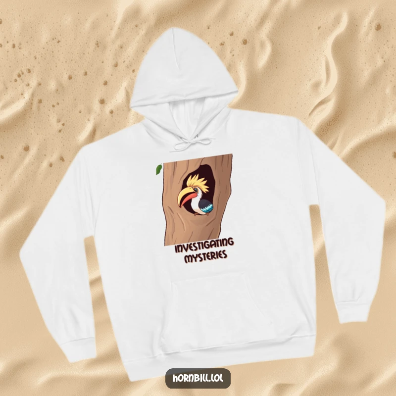 Funny Hoodie: A curious hornbill peers intensely into a hollow tree with humorous fascination, ready for discovery.