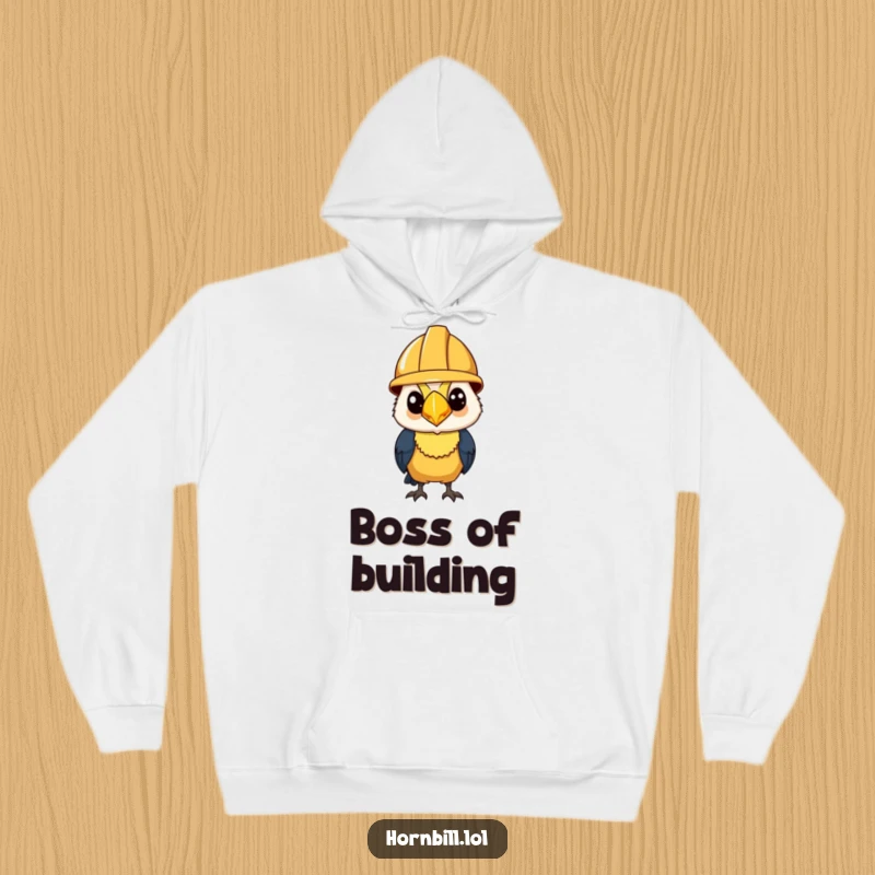 Funny Hoodie: Hornbill wearing a tiny construction helmet, looking extremely determined and ready for hard work.