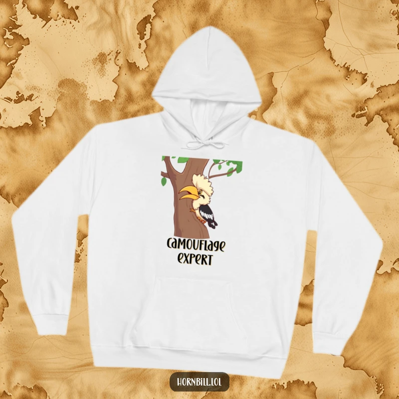 Funny Hornbill Hoodie: A delightful hornbill character caught giggling while playing hide-and-seek behind a tree, ideal funny gift.
