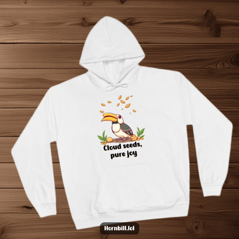 Funny Hoodie showing a small hornbill looking up in awe and wonder at delicate seeds floating by.