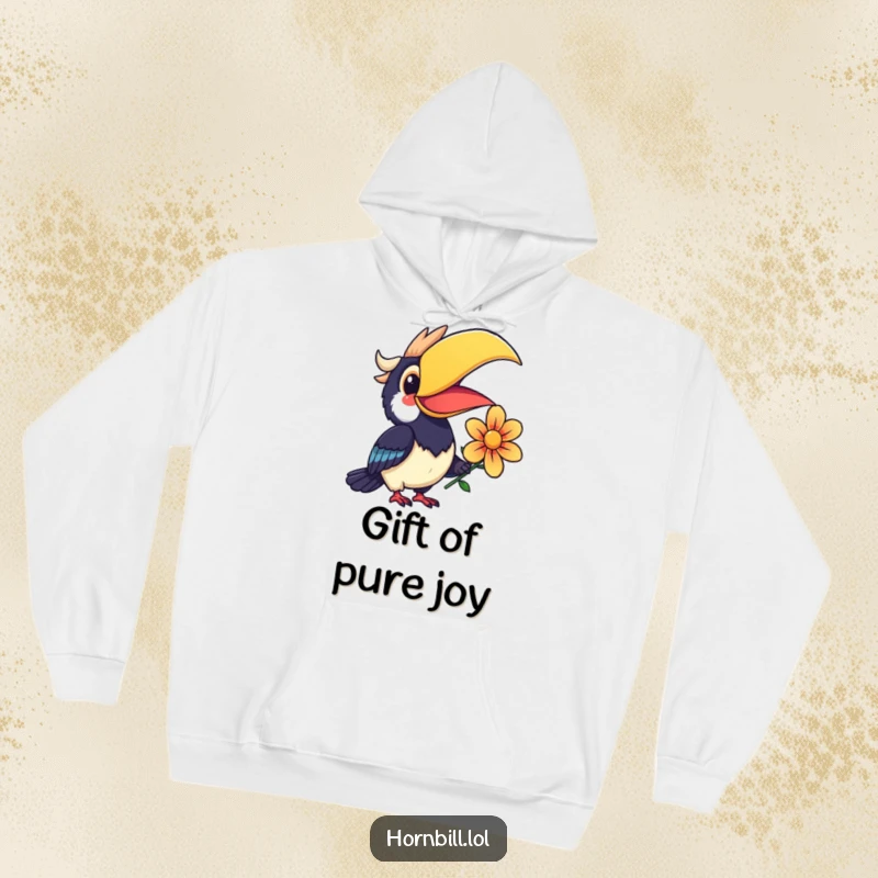 Funny Kawaii Hornbill Hoodie showing a smiling bird offering a colorful flower, perfect for cozy hugs.
