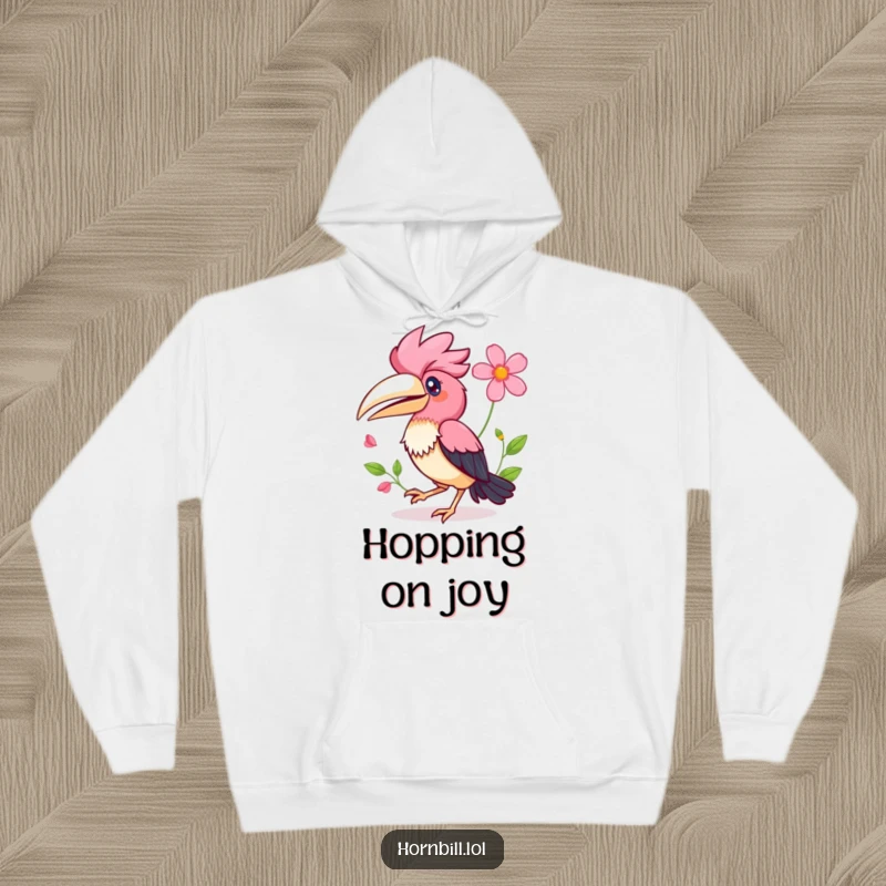 Funny Kawaii Hornbill Hoodie showing a happy bird hopping with a flower in its wing, designed for cozy smiles.